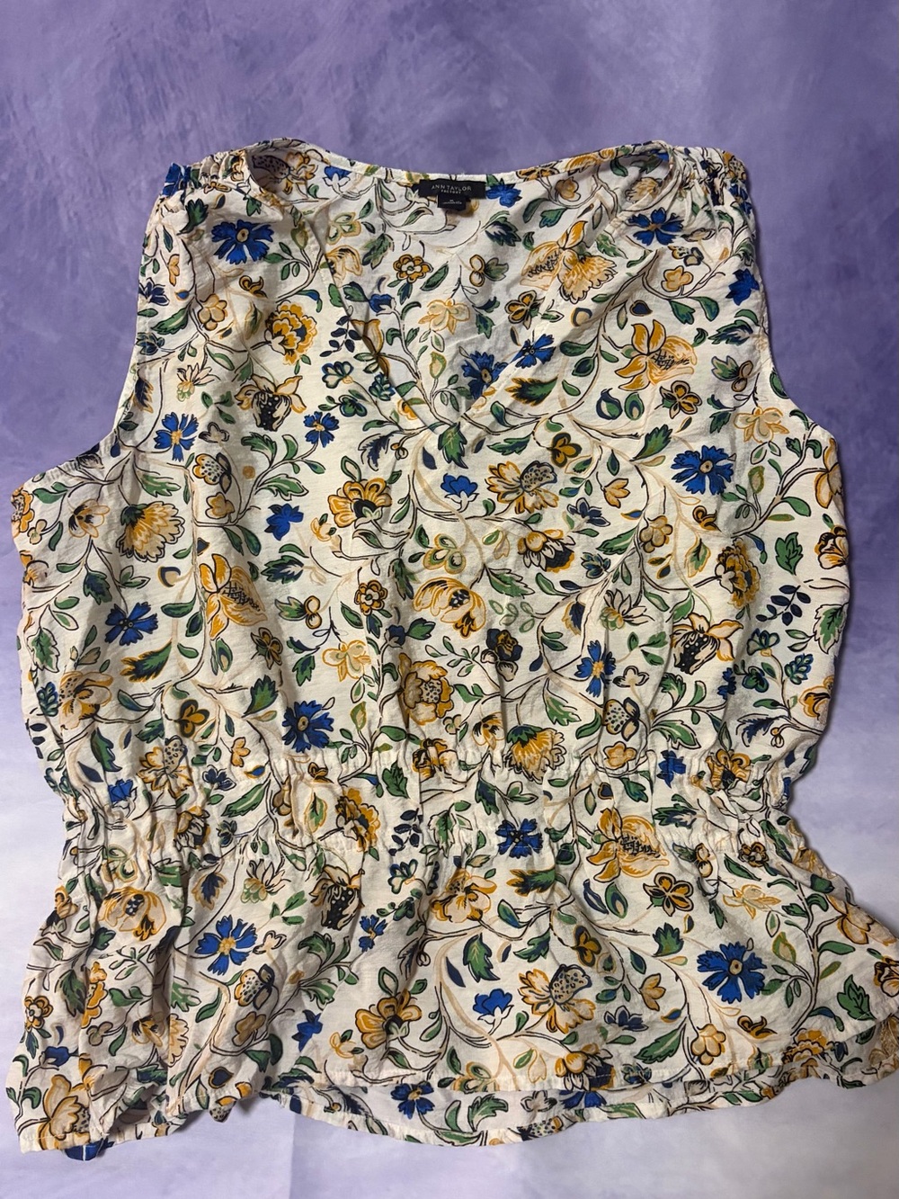 Ann Taylor Factory Floral Sleeveless Peplum Top - Blue & Yellow on Cream